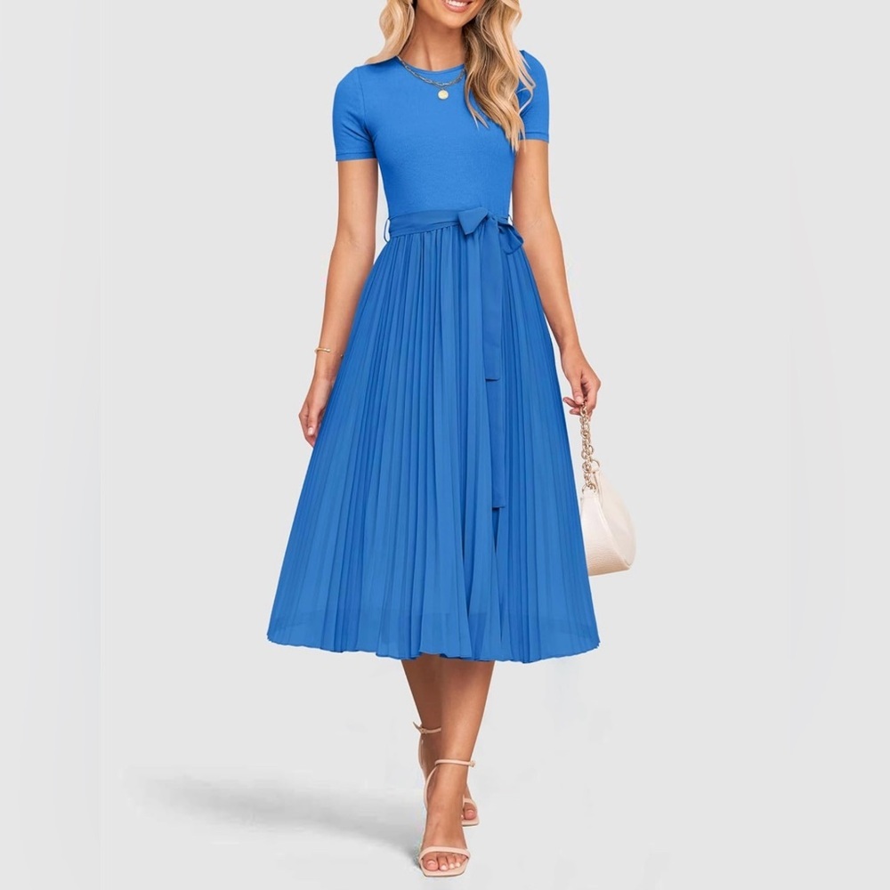 ZESICA Cobalt Blue Ribbed Knit Pleated Midi Dress Size L NWT